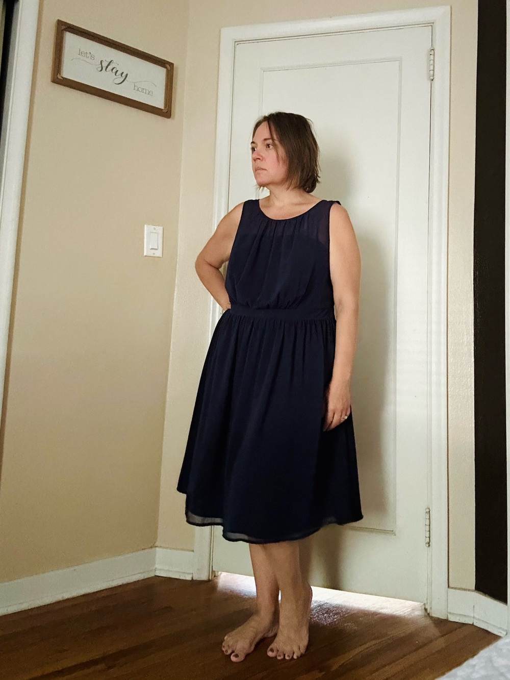 Tevolio Navy Chiffon Sleeveless Midi Dress